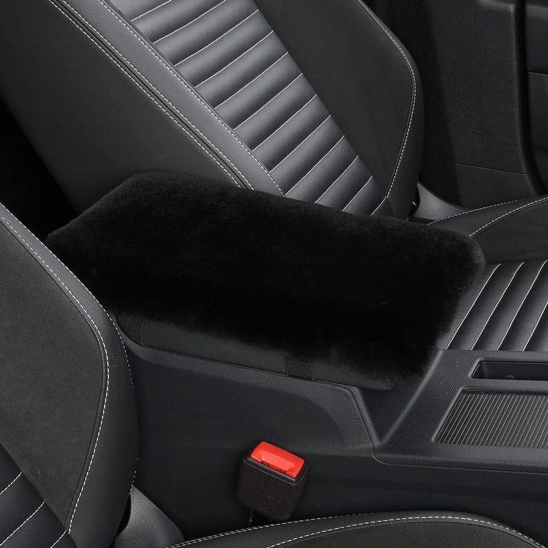 IRIWOOL Sheepskin Armrest Cover Auto Center Armrest Cover Car Soft Console Pad, Fluffy Wool Auto Center Console Cover for Most Car Arm Rest Decoration Protector 7 x 13 Inch (Shearling, Black) - Image 1